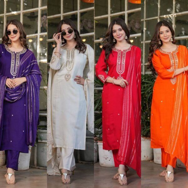 Viscose Chanderi with Sequence Coding Embroidery Work Suit Set (4 Colors)