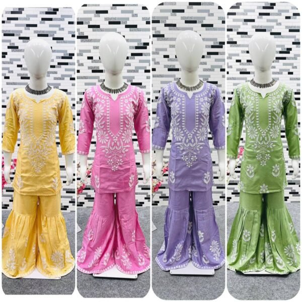 Presenting New Designer Rayon Cotton Embroidery Work Top with Sarara Full Stitched Ready To Wear