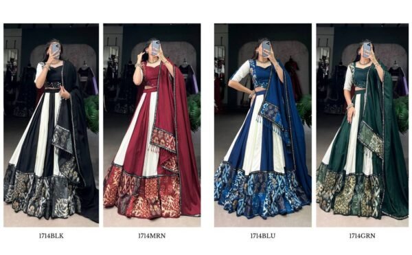 Lehenga Choli in Plain And Printed With Paper Mirror Lace And Gota Patti Work