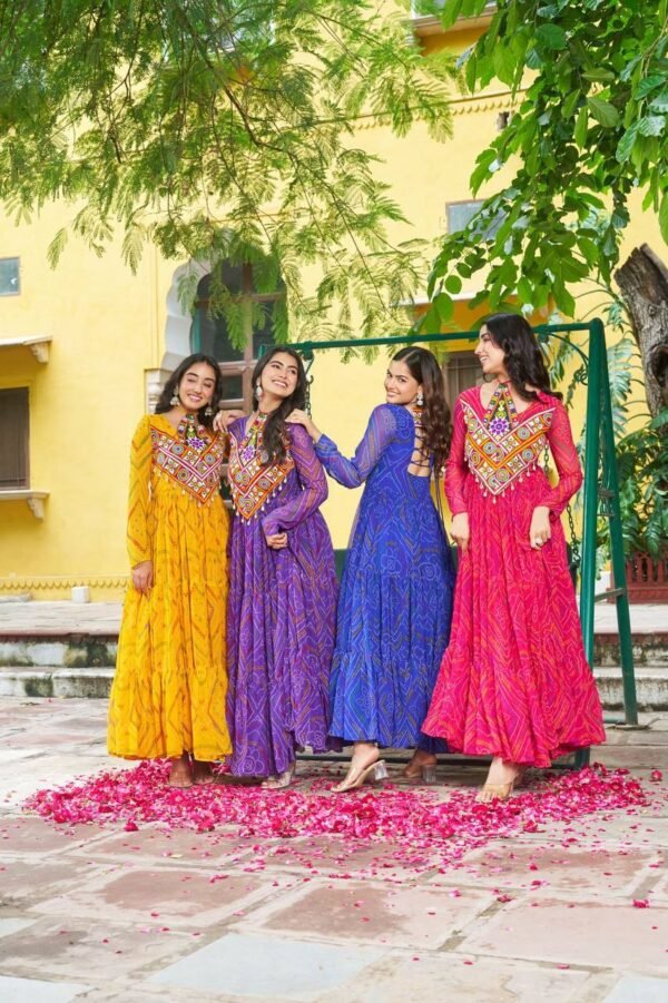 Navratri Collections Gown in Bandhani Print work with kutchi patch work