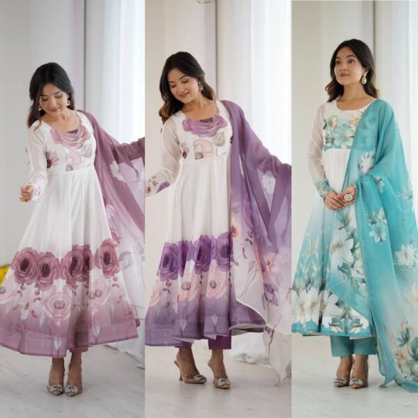 PURE SOFT ORGANJA SILK SUIT SETS in FULLY FLAIR KALI PATTERN with CANVAS PATTA