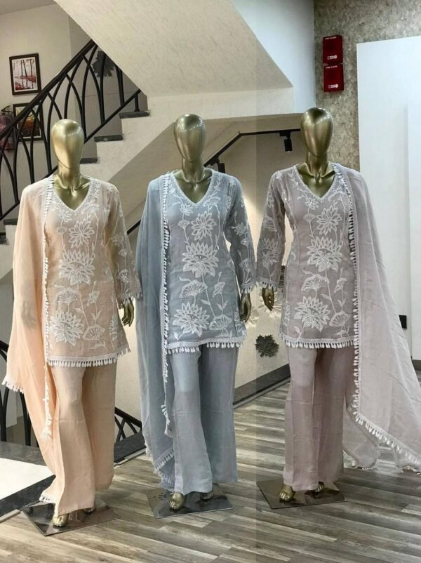 Embroidery & Sequence Worked Top-Plazzo And Dupatta Set Ready To Wear