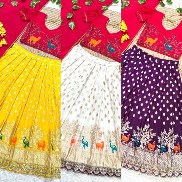 Beautiful Deer-Duck Maggam Work blouse paired with Golden zari Pure Tissue skirt Set (3 Colors)