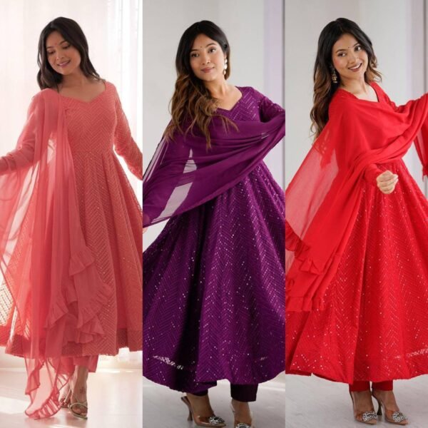 FULLY FLAIR KALI PATTERN AND CANVAS PATTA WITH DUPPTA SET, PANT(3 colors)