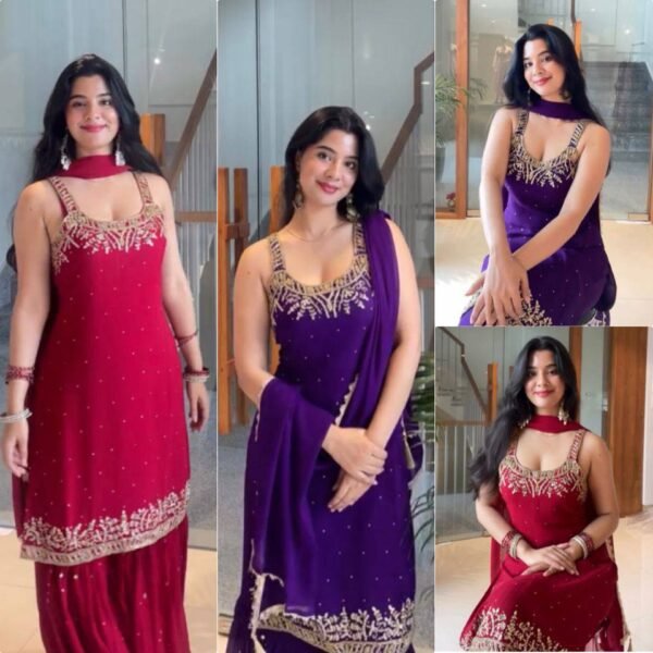 Launching New Đěsigner Party Wear Look Pur Heavy Faux Georgette Top Sharara & Dupatta Set