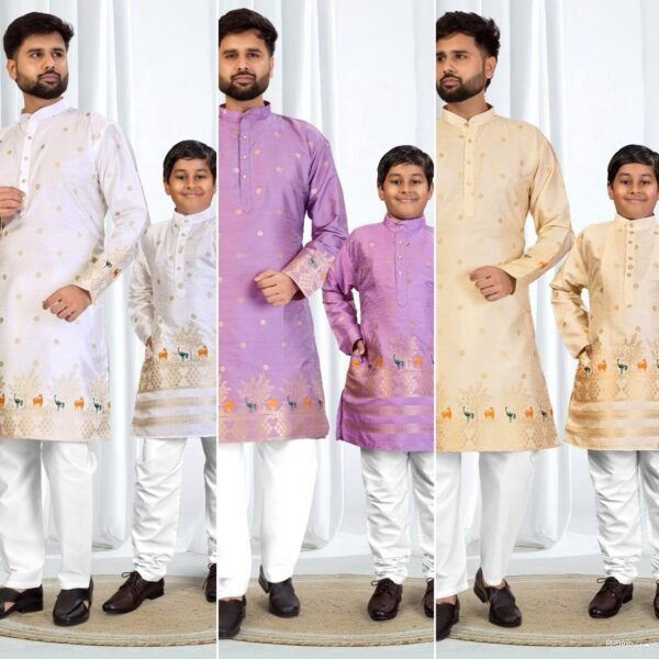 Father and Son Combo in Premium Silk with jacquard imprints in trending Daman design