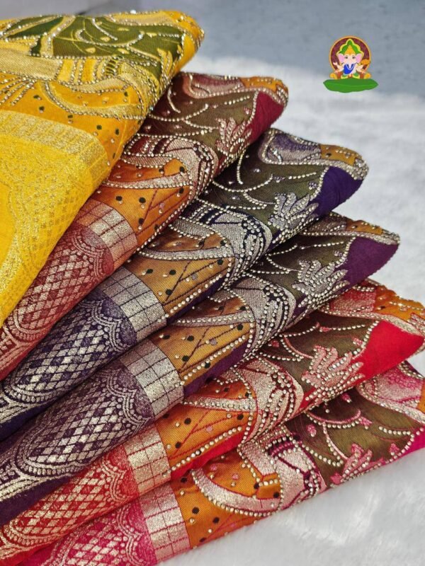 Pure Dola Viscose Meenakari Zecard Weaving Saree With Dulhan Design And Jarkan Diamonds