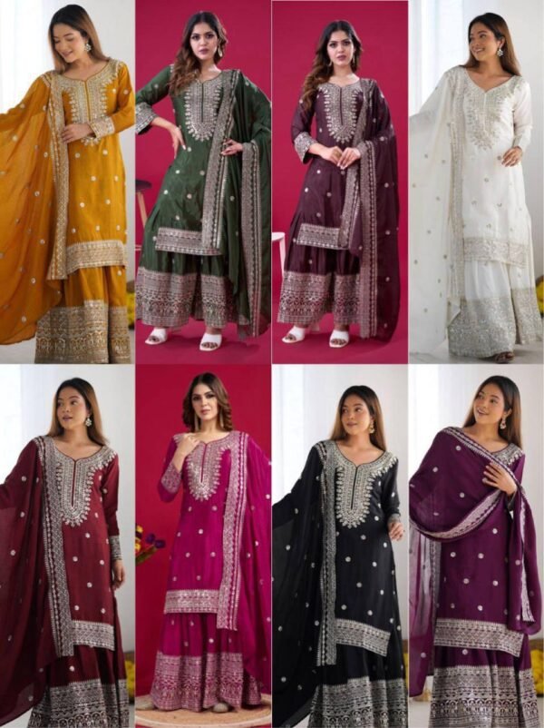 New Chinnon Silk With Heavy Embroidery Sequence Work Top, Sharara And Dupatta Set