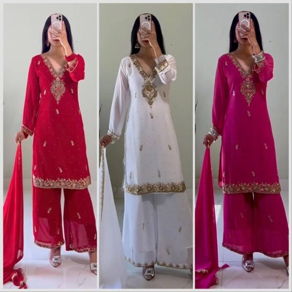 New Embroidery Beads With Coding Dori-Sequence Worked Top-Plazzo And Dupatta Set (3 colors)