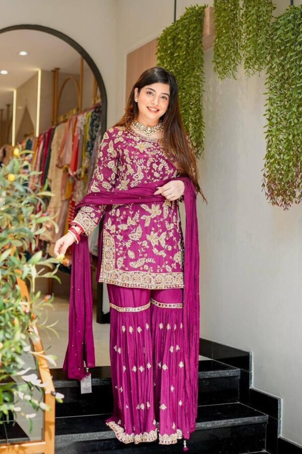 FESTIVAL Collection in New Designer Party Wear Look Top-Sharara and Dupatta With Heavy Embroidery (Pink color)