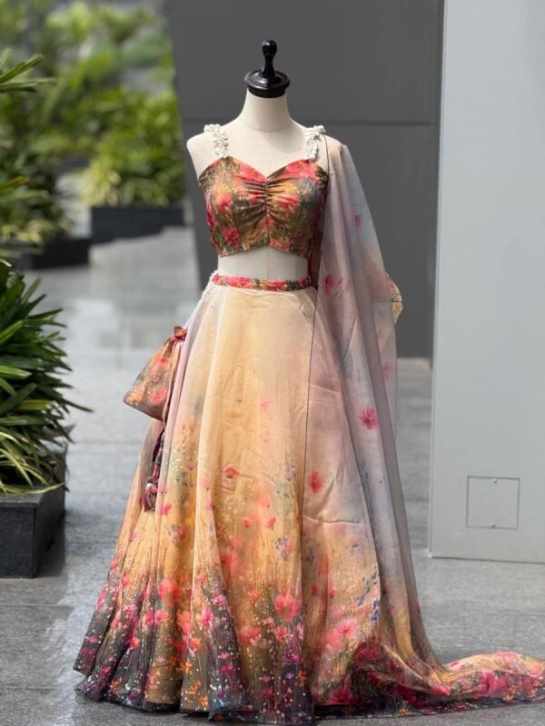 Pure Organza digital Print Fully Stitched Lehenga with pearl and kodi shoulder strip (With Purse)