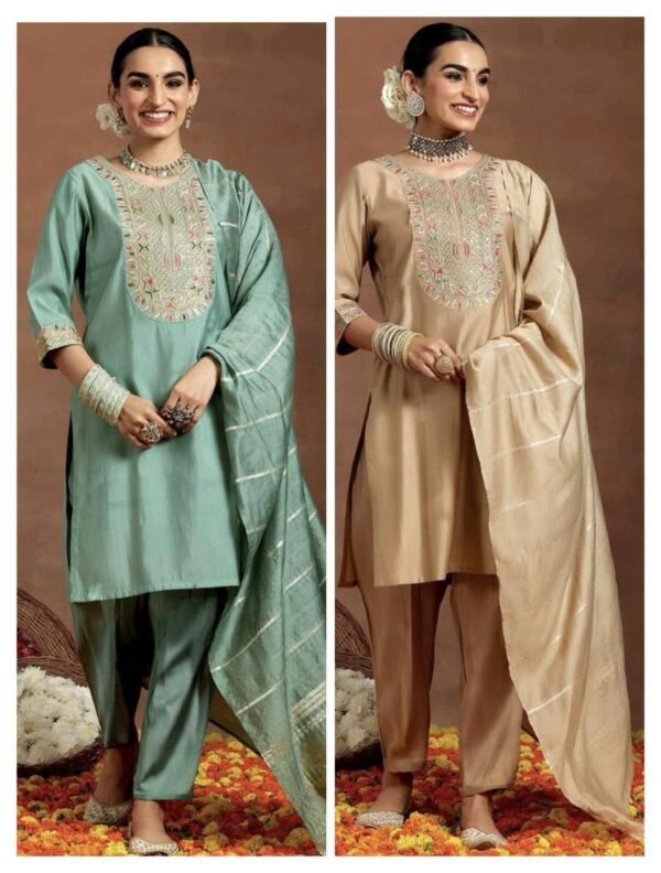 WOMEN CHANDERI SILK WITH EMBROIDERY KURTA SET (2 Colors)