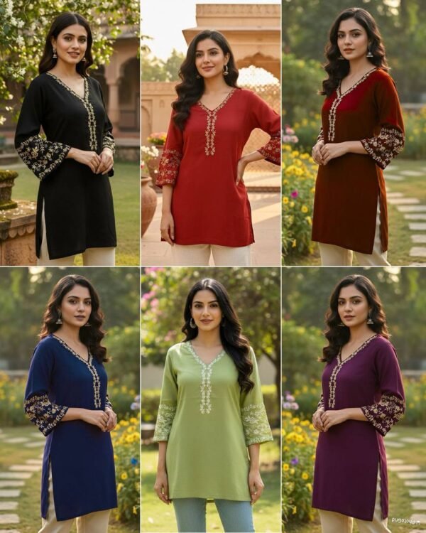 Trending Short length Kurti with Embroidery Work (6 Colors)