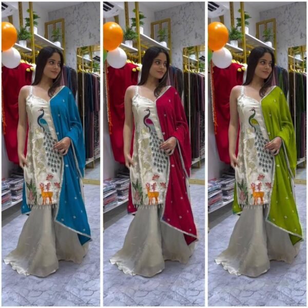 EXCLUSIVE PLAZZO PAIR WITH  EMBROIDERED PEACOCK Design (3 COLOUR)