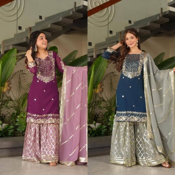 Designer Embroidered Top Sharara & Dupatta Set (2 Colors)