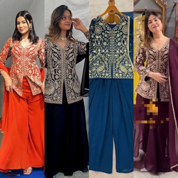 New Party Wear Look in Heavy Georgette Top Plazzo & Dupatta Set (4 Colors)