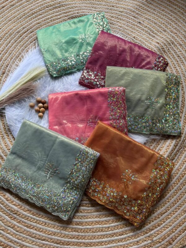 Pure Tissue silk saree in a solid color with  embroidery, thread & sequins work