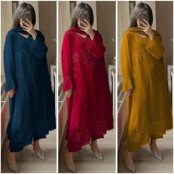 EXCLUSIVE 3-PIECE PLAZZO PAIR WITH  DUPATTA IN SEQUENCE EMBROIDERY WORK