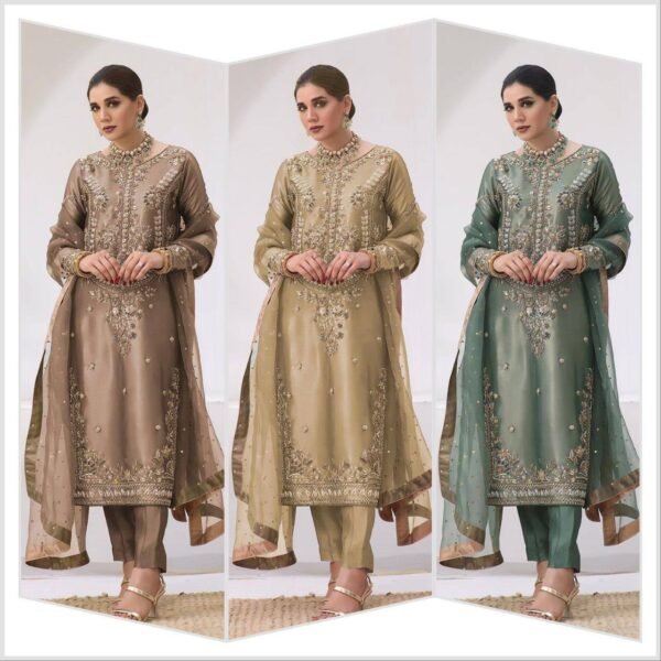 New Pakistani Designer Collection In Jimmy Choo Silk Top-Pant And Dupatta Set