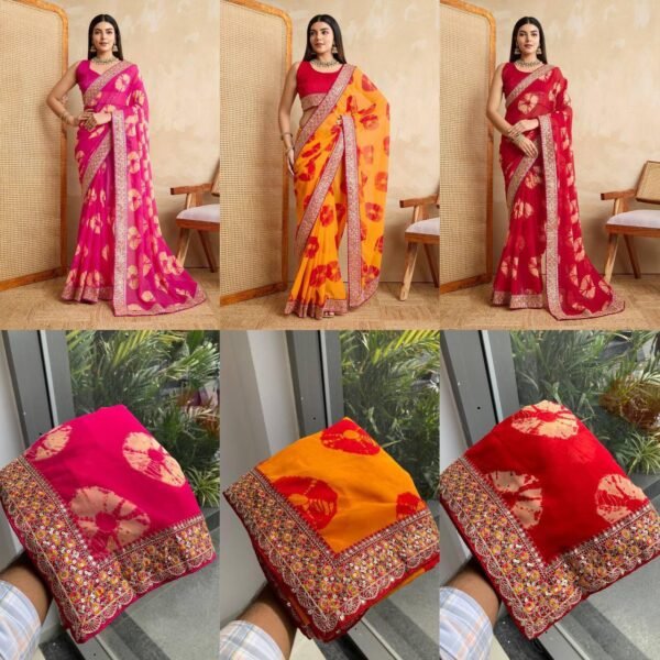 Party Wear Soft Georgette Bandhej Sarees (3 Colors)