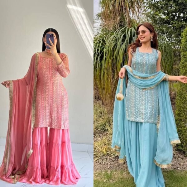 New Designer Party Top, Pallazo & Dupatta Set in Georgette (2 Colors)