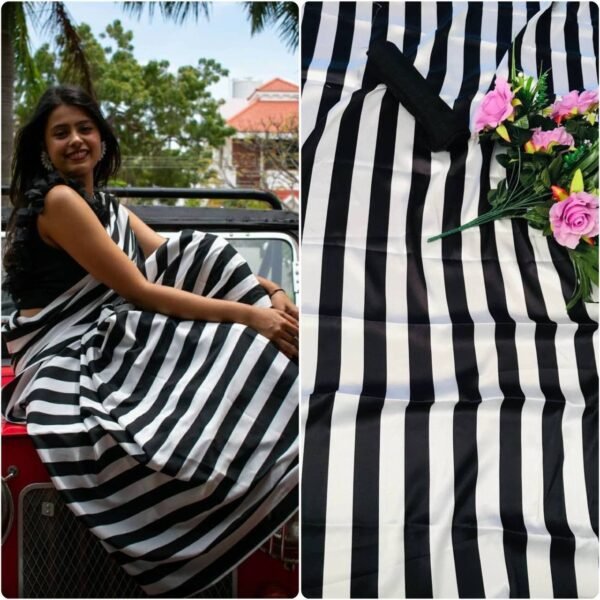 Printed Satin Sarees in Black and White Designs (2 Designs)