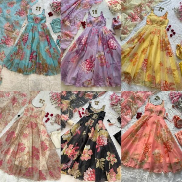 Pure Jimmy organza silk digital printed anarkali Suit Set with mirror work (Free Purse)