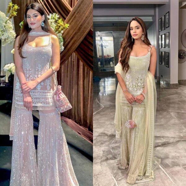 NEW DESIGNER HEAVY SOFT NET TOP WITH FULL CHINE SEQUNCE WORK PALAZZO SUIT