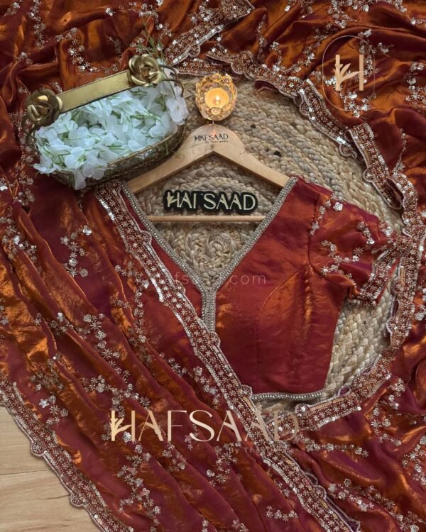 Grand party wear saree in original gold beeds work with Blouse