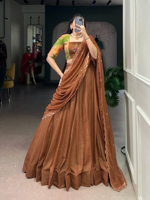 Embroidery in chocolate crush Lehenga Choli Set (Fully Stitched- 5 mtrs Flair)