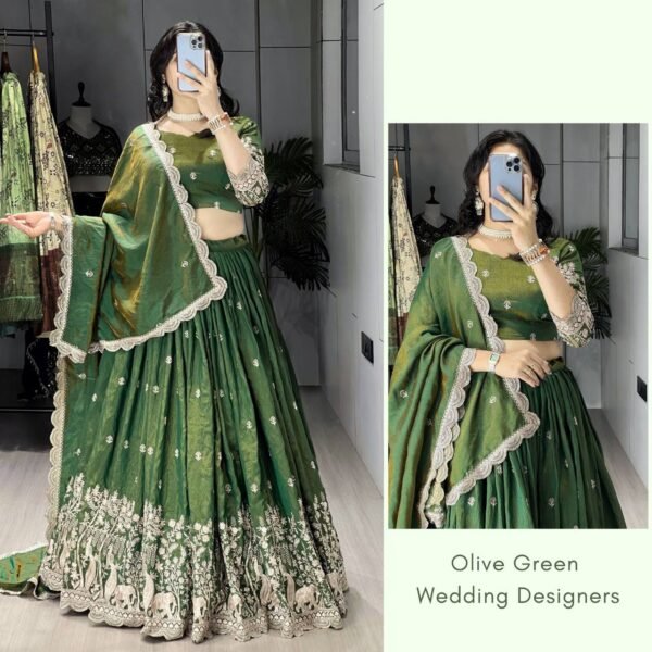 Classical Olive Green Embroidery Lehenga Fully Stitched with 3.5 mtrs Flair