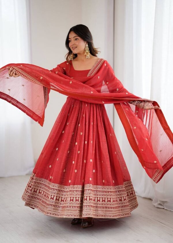 PREMIUM QUALITY PURE CRUNCHY SILK FABRIC FULLY FLAIR  GOWN SET