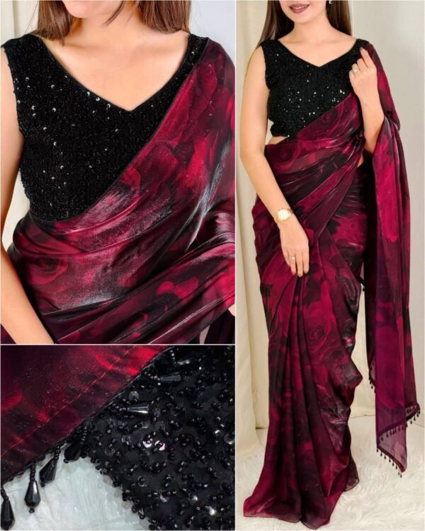Red Rose Floral Saree with Beaded Blouse (Un-Stitched)