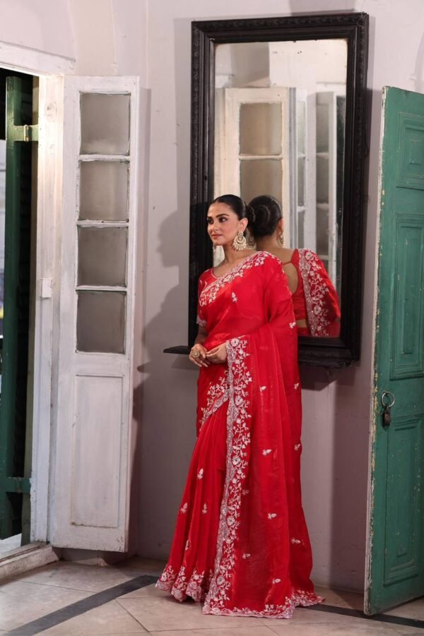 Red Thread Embroidered Silk Saree with Blouse