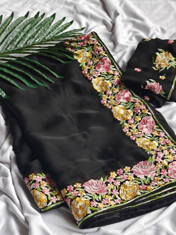 Pure Chiffon Embroidered Black Saree with Blouse
