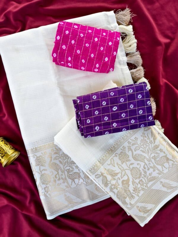Pure Kota Silk White Saree with Bandhani Blouse (2 Colors)