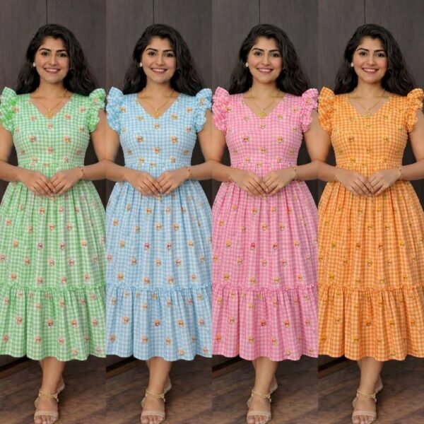 Checkered Floral Ruffle Sleeve Dress (S to 5XL)