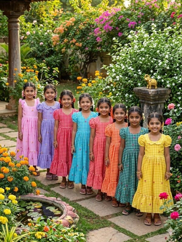 Checkered Dress with Floral Embroidery in 8 Colors for Kids