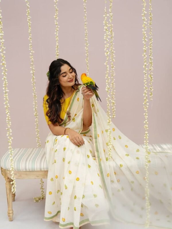 White Cotton Saree with Mango and Bird Print