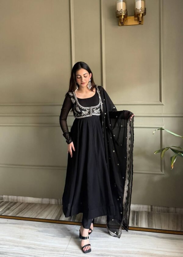 Black Embroidered Anarkali Suit, Dupatta and Koti