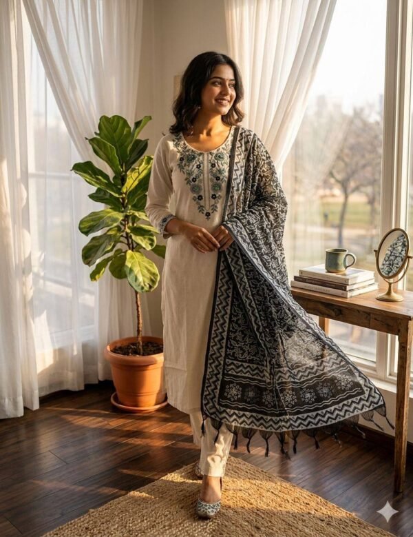 New Designer Khadi Cotton with Embroidery Suit Set