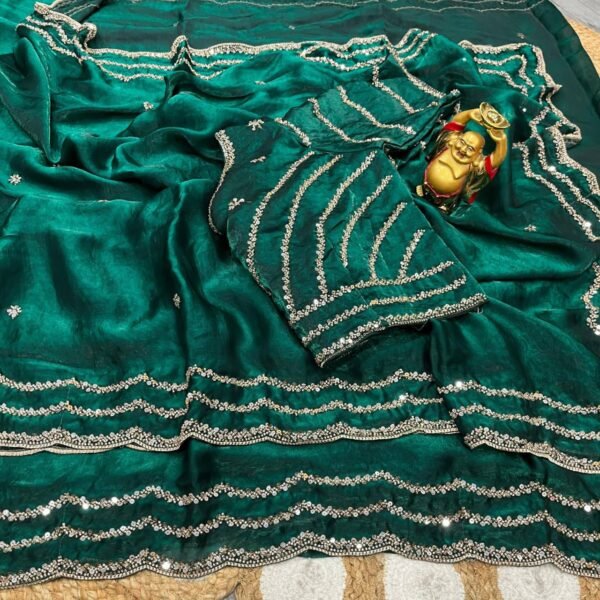 Grand party wear saree in original gold beeds work with Readymade Blouse