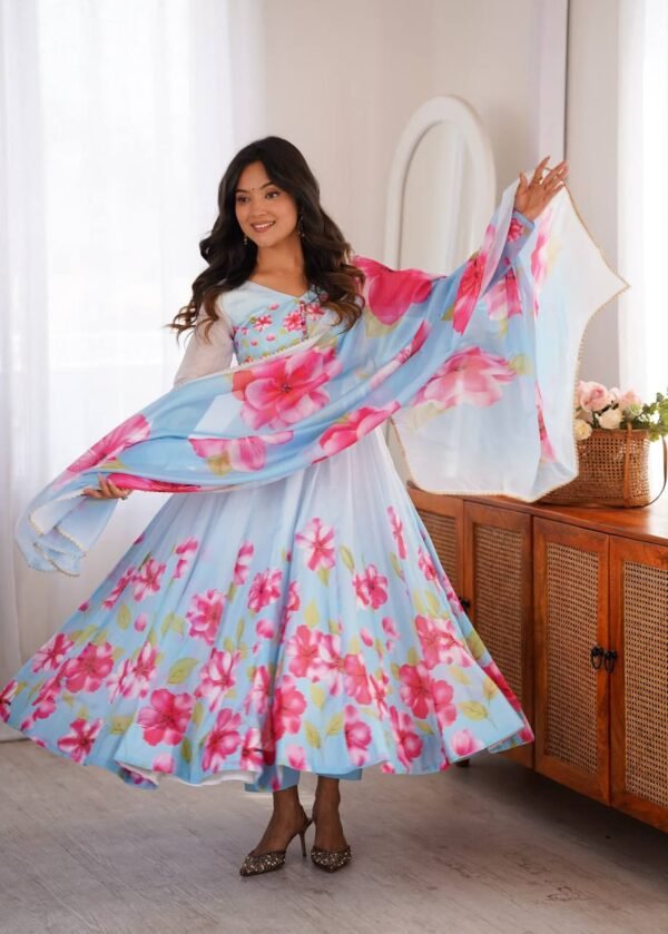 PURE SOFT ORGANZA SILK FULLY FLARE KALI PATTERN AND CANVAS PATTA WITH DUPATTA SET