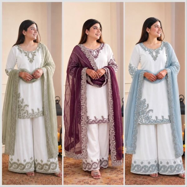 New Fancy Design Pakistani Collection Top - Palazzo And Dupatta Set Fully Stitched