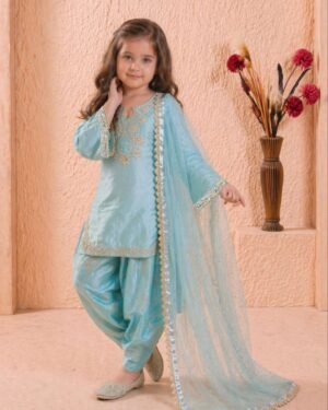 Kid's Suit Set in Pure Soft Organza Sillk With Rivet Moti Work (3 to 15 years)