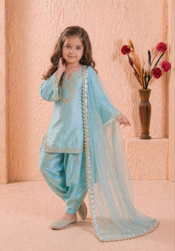 Kid's Suit Set in Pure Soft Organza Sillk With Rivet Moti Work (3 to 15 years)