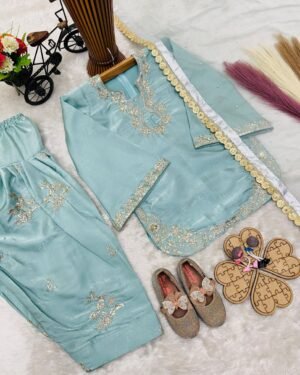 Kid's Suit Set in Pure Soft Organza Sillk With Rivet Moti Work (3 to 15 years) - 36